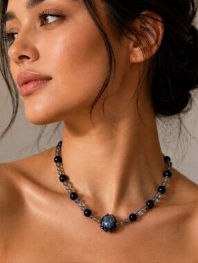 HANDMADE Labrodite Cat's Eye Lampwork Focal Beaded Princess Necklace